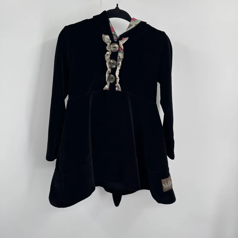 Matilda Jane Dress Girls 2 Black Hooded Velour Tunic Pixie Hood Ruffle Buttons